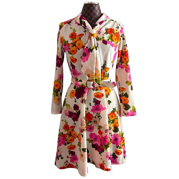 Vintage 1960s Jerri of Miami Floral Dress M Belt Scarf White Pink Orange MCM - Picture 2 of 9